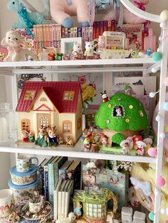 a shelf filled with lots of toys and books