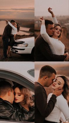 a man and woman hugging in front of a car with their arms around each other