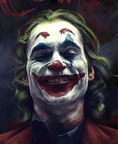 the joker is smiling with his face painted white and red, while he has green hair