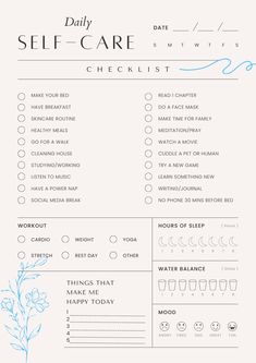 a printable self care checklist with blue ink