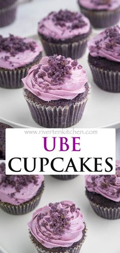 cupcakes with purple frosting and sprinkles are on a white plate