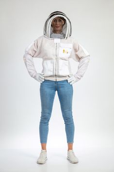 BeeKeeping Ultra Ventilated Jacket: Package Includes: * One Beekeeping Ventilated Jacket With Fencing Veil. * One Pair Of Beekeeping Gloves (Free). Features: Unique protective Beekeeping Gear is made of finest high quality 3-Layers of fabric. The inner and outer Layers are made of Polyester Cotton mesh. EVA mesh fabric is sandwiched between Polyester cotton Mesh. Through this inner layer overall thickness of the beekeeping Jacket is 4 mm. The thicknesses of the Jacket keep bees well above your s Fitted Long Sleeve Hooded Jacket With Pockets, Fitted Long Sleeve Hooded Jacket With Detachable Hood, Fitted Hooded Top With Pockets, Long Sleeve Windbreaker With Reflective Details For Outdoor, White Functional Windbreaker With Reflective Details, Utility Windbreaker With Double-lined Hood, White Sports Windbreaker With Reflective Details, Bee Jacket, Bee Suit