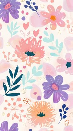 an abstract floral pattern with pink, purple and blue flowers