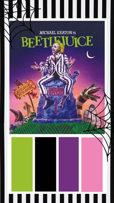 the beetle movie poster is shown in black and white stripes, with green and pink accents