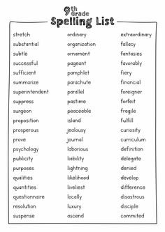 the spelling list for children's english words and their meanings are shown in this printable