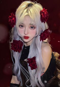 a digital painting of a woman with long white hair and red roses in her hair