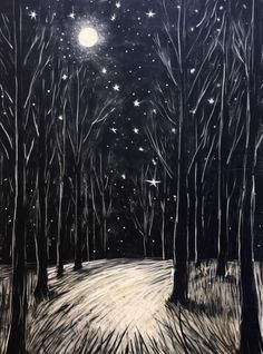 a drawing of a night in the woods with stars and moon shining through the trees