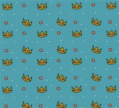 a blue background with gold crowns and polka dot dots on the bottom, in different colors