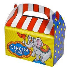 the circus time box has an elephant on it's front and is red, white, and blue