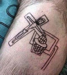 a cross and basketball hoop tattoo on the arm