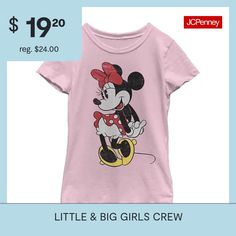 This little and big girls' Minnie Mouse graphic t-shirt is a sweet casual style go-to. Crafted from soft cotton-knit, this tee has a crew neckline and short sleeves. Style it with leggings or a skirt. Character: Minnie MouseClosure Type: Pullover HeadFit: Regular FitNeckline: Crew NeckSleeve Length: Short SleeveFiber Content: 100% CottonFabric Description: KnitCare: Tumble Dry, Machine WashCountry of Origin: Imported Cute Pink Minnie Mouse T-shirt, Cotton Minnie Mouse T-shirt With Short Sleeves, Cotton Minnie Mouse Short Sleeve T-shirt, Minnie Mouse Cotton T-shirt, Playful Cotton T-shirt With Minnie Mouse, Playful Minnie Mouse Cotton T-shirt, Pink Minnie Mouse Crew Neck T-shirt, Pink Cotton Minnie Mouse Tops, Minnie Mouse Short Sleeve T-shirt For Spring