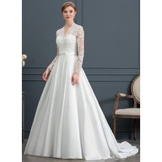 a - line / princess v - neck court train satin wedding dress