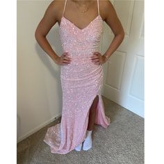 Never Worn Pink Sequin Prom Dress. It Has A Slit And A Lace Up Back. Super Comfortable. Pink V Neck Dress, Hoco Dresses Tight Pink, Pink Glitter Prom Dress, Pink Glittery Dress, Dusty Rose Prom Dress, Pale Pink Prom Dress, Pink Sequin Prom Dress, Sparkle Bridesmaid Dress, Pink Sparkly Prom Dress