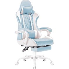 a blue and white office chair with wheels