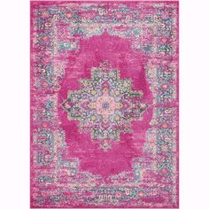 a pink rug with an ornate design on the front and back side, in various colors