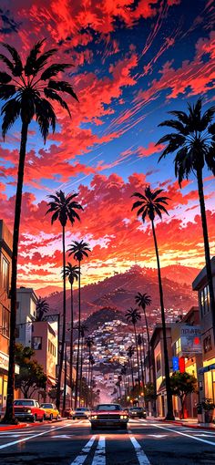 palm trees line the street in front of a colorful sky with clouds and buildings on either side