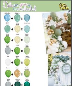 balloons and garlands are arranged in different colors