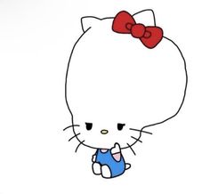 a drawing of a hello kitty with a red bow on her head holding a blue object