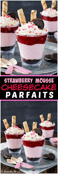 strawberry mousse parfaits with oreo cookies and cream in the middle