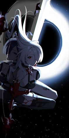 an anime character with long white hair sitting on the ground in front of a full moon