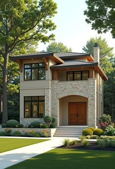 this is an artist's rendering of a modern house in the country style with stone and wood accents