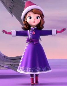 a girl in a purple dress and hat with an angel behind her