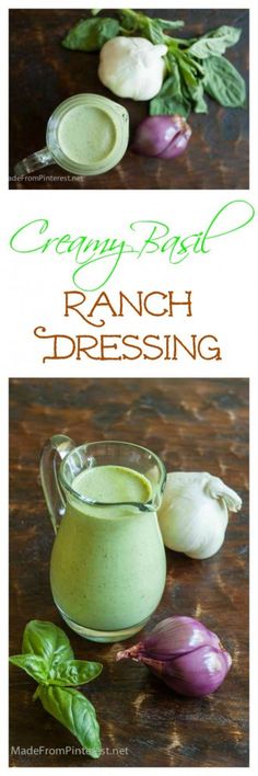 two pictures of different types of food on a wooden table with basil and ranch dressing