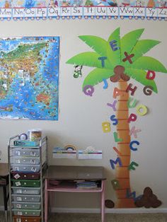 a child's room with a palm tree painted on the wall and other children's toys