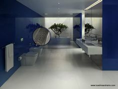 a blue and white bathroom with two sinks, toilet and plant in the mirror on the wall