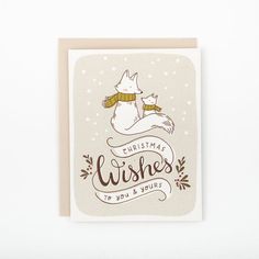 a christmas card with an illustration of a cat on it's back and the words, merry wishes to you and yours