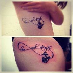 two different tattoos that say love and strength