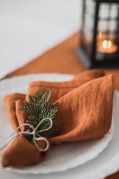 the napkins are wrapped in twine and tied together with a small pine branch