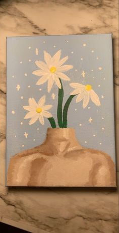 a painting of white flowers in a vase on a marble countertop with blue background