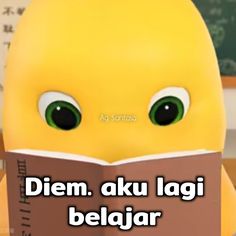 a cartoon character reading a book with the caption diem aku lagi beligar