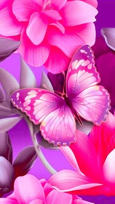 pink flowers and butterflies on a purple background