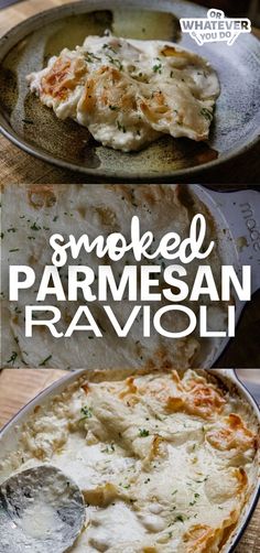 two pans filled with baked parmesan ravioli on top of a wooden table