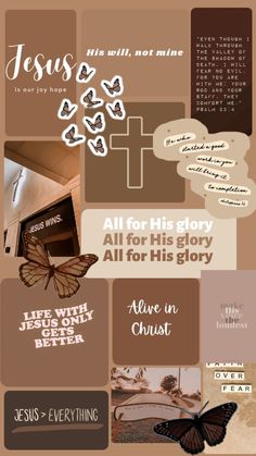 a collage of different images with words and pictures on them, including a cross