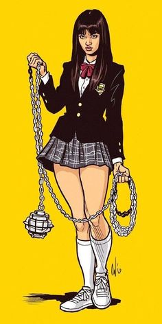 a drawing of a girl in a school uniform with chains around her ankles and shoes on