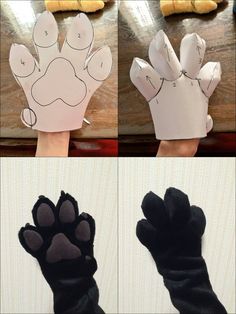 three pictures showing how to make an animal paw glove with paper and glue on it