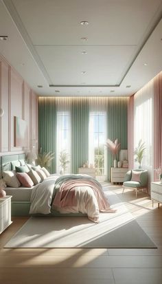 a bedroom with pink walls and green drapes on the windows, white bedding, and wooden flooring