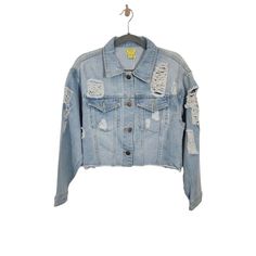 Daisy Distressed Cropped Jean Jacket in Medium Denim Wash - Size Small Long Sleeves Collar Jean Jacket Distressed Solid Denim Cropped length Raw Hem 80% Cotton 20% Polyester Size: Womens S Condition: New With Tags Offers welcome! Cropped Jean Jacket, Distressed Jean Jacket, Denim Wash, Jean Coat, Jean Jacket, Vest Jacket, Daisy, Jackets & Coats, Jackets For Women