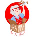 an old woman in a box with cookies on her head and the words grandma in a box