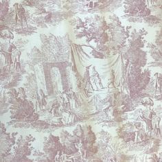 a pink and white toiler print fabric with people in the woods on it