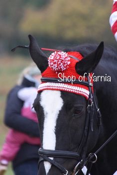 a close up of a horse wearing a red and white headband with people in the background