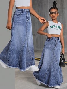 Tween Girls Y2K Trending High Waist Raw Hem Maxi Denim Long Skirt,Tween Girls Back To School Clothes Streetwear Outfits Medium Wash Casual   Denim Plain Mermaid Non-Stretch  Tween Girls Clothing, size features are:Bust: ,Length: ,Sleeve Length: Denim Long Skirt, Back To School Clothes, Pleated Denim Skirt, Girls Y2k, Girls Denim Skirts, Girls Back, Clothes Streetwear, Girl's Back, School Clothes