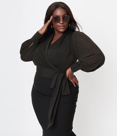 Unique Vintage Plus Size Black & Gold Pin Dot Giselle Wrap Top Glitter Blouse, Polka Dots Tops, Uv Clothing, Sparkle Outfit, Vintage Plus Size, Gold Pin, Plus Size Black, Chiffon Long Sleeve, Curvy Girl Fashion