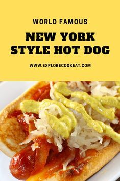 the world famous new york style hot dog is on a white plate with green toppings