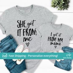 Text Options: She Got It From Me, Unisex Single Grey Shirt Size MOM-005/006: Adult Large Mom And Daughter Matching Outfits, Matching Mother Daughter Outfits, Mom And Daughter Shirts, Mother Daughter Shirts, Daughter Shirts, Outfits Mom, Mom Daughter Outfits, Daughter Outfits, Mother Daughter Matching Outfits