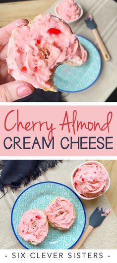 there is a plate with cream cheese on it and the words cherry almond cream cheese