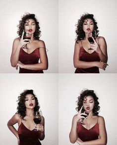 four pictures of a woman holding a wine glass in her hand and making a silly face